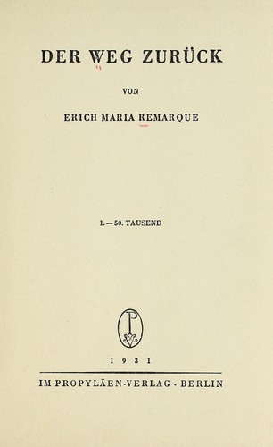 Der Weg zurück (German language, 1931, Im Propyläen-Verlag)